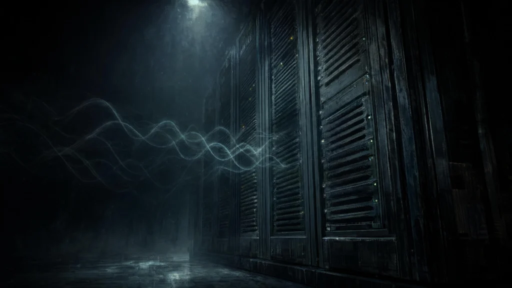 Dark server racks lit by a single overhead beam, with glowing sinusoidal wave-traces drifting from the vents into surrounding…