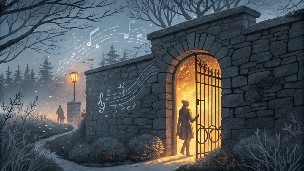 A walled garden of luminescent musical notation, accessible only through a narrow gate — the enclosed, licensed infrastructure of AI music…