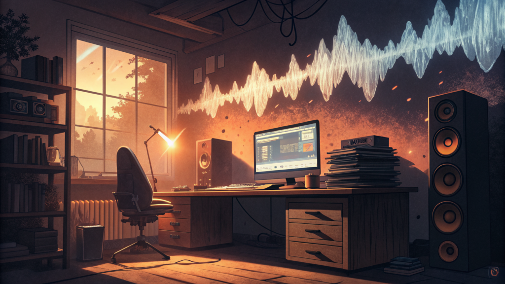 Waveforms dissolving above a home studio desk — a creator's catalog caught in uncertain legal territory