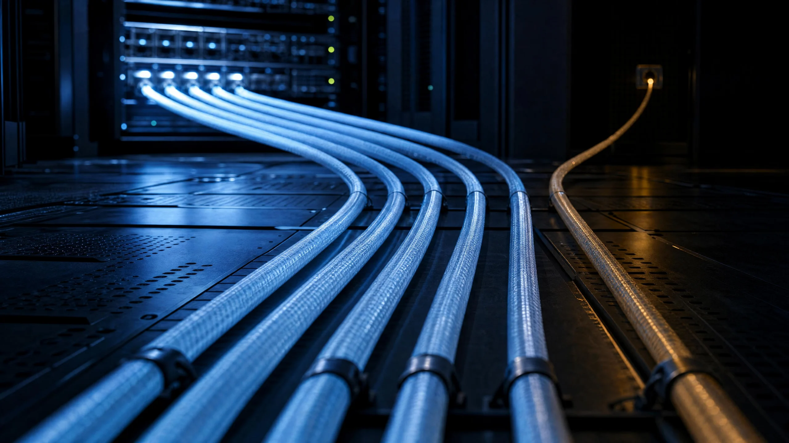 Multiple braided cables arc together across a dark data center floor toward a lit server rack; one lone cable routes to an isolated amber port in the shadows