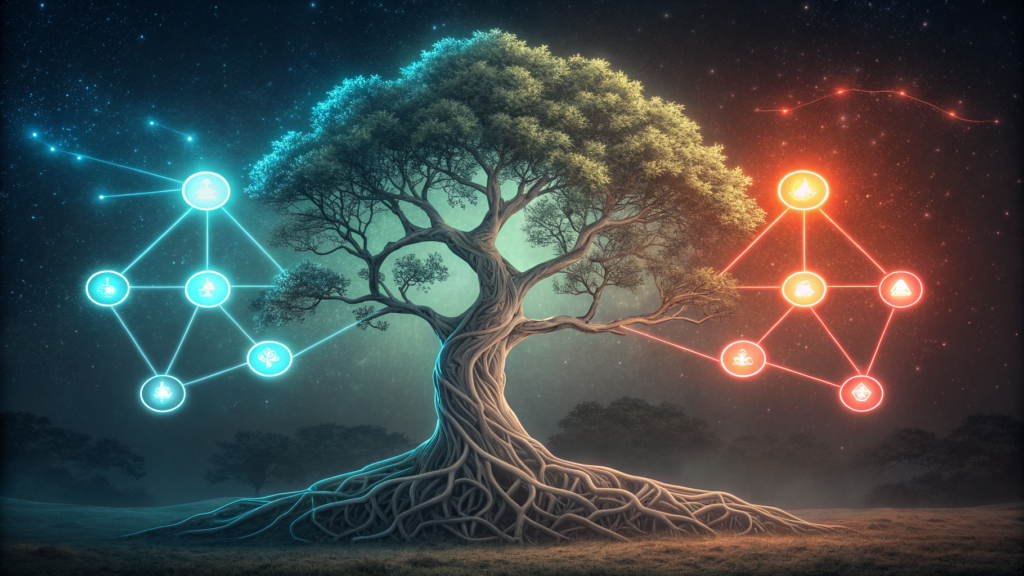 A probability tree where three paths converge correctly and two arc to an isolated wrong terminal, glowing amber against blue