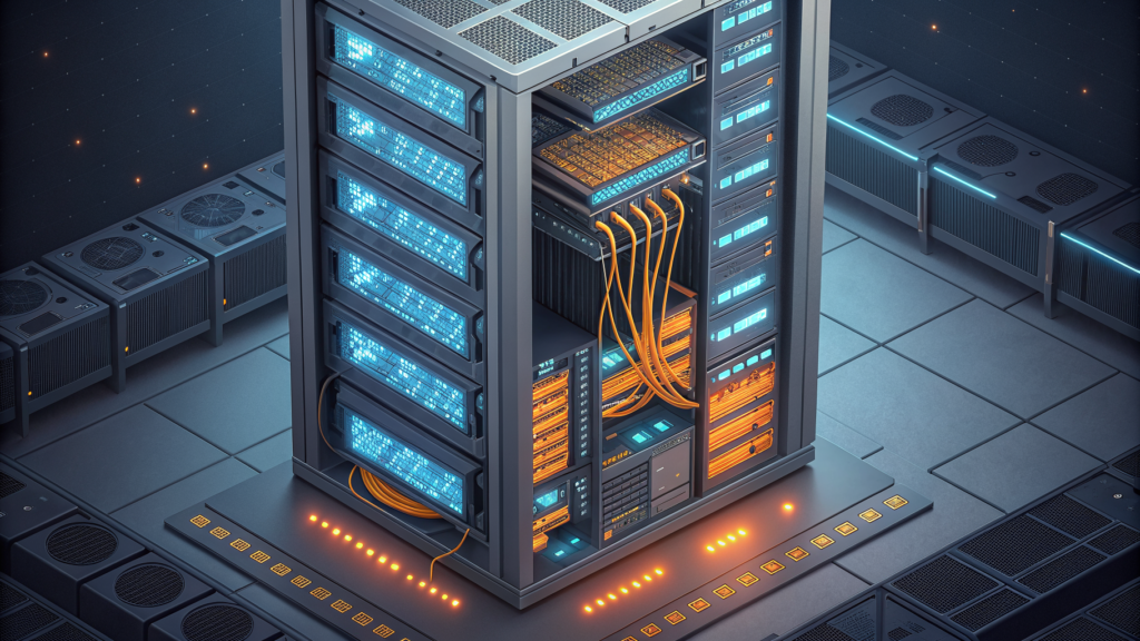 Server rack cross-section with four blue-lit boards and one amber board whose cable routes to a different port