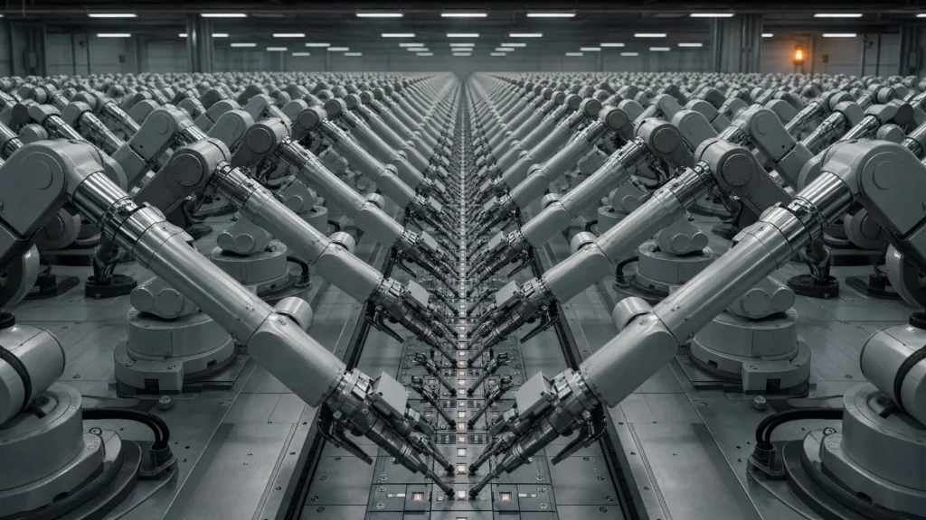 Hundreds of identical robotic arms in mirrored rows fill a vast warehouse floor, all converging toward a single central spine under flat fluorescent…