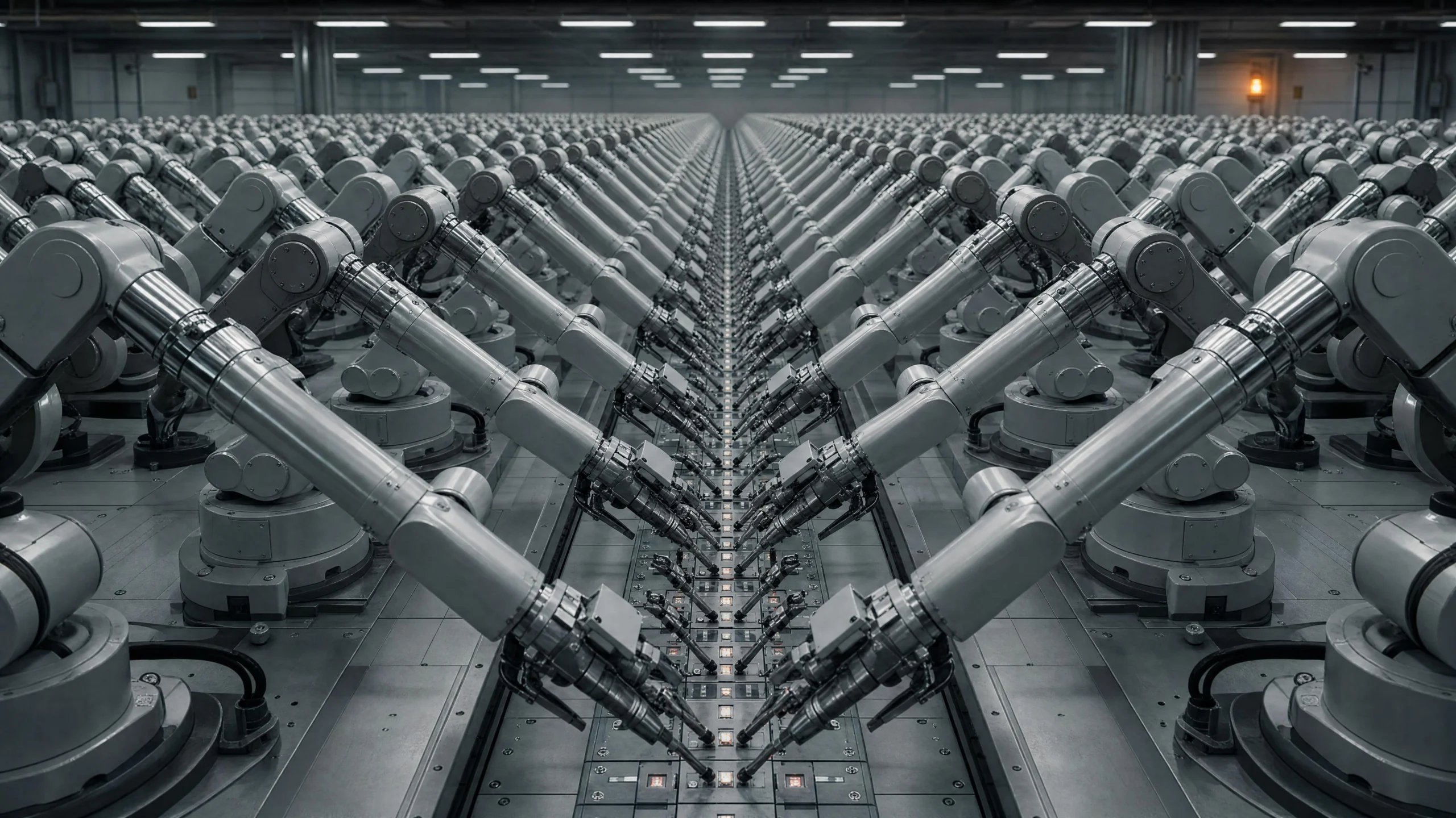 Hundreds of identical robotic arms in mirrored rows fill a vast warehouse floor, all converging toward a single central spine under flat fluorescent light
