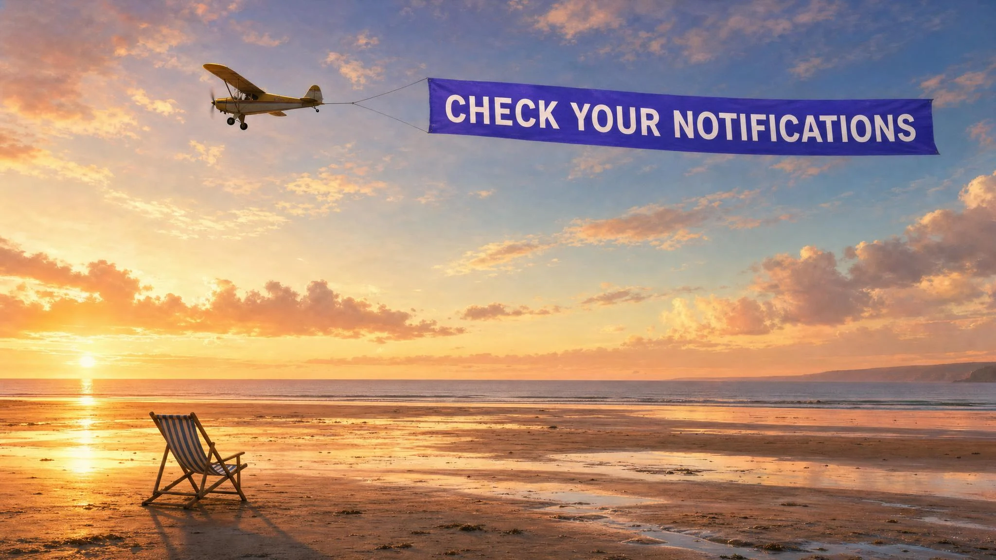 A small propeller plane towing a violet-blue banner reading CHECK YOUR NOTIFICATIONS across a sunset sky, above an empty striped deck chair on wet reflective sand at low tide.