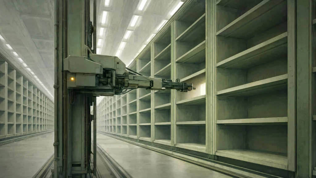 A robotic retrieval arm reaching into a towering aisle of archive shelving where every single bay stands empty, lit by cold overhead strips, one small amber lamp glowing on the arm housing.