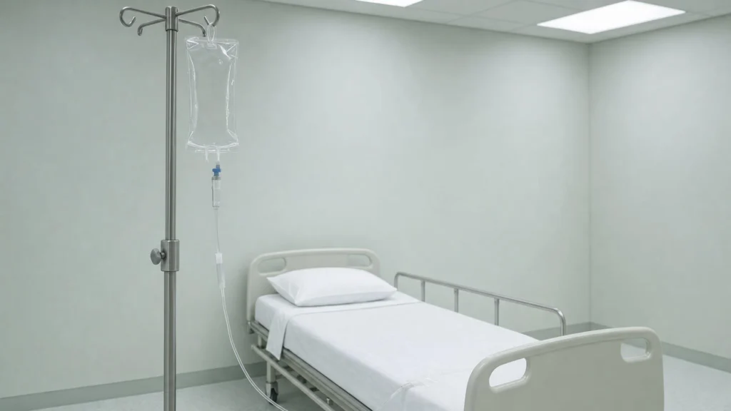 A hospital infusion stand beside an empty made bed, its drip line connected and taped in place but the suspended bag flat, clear and entirely empty.