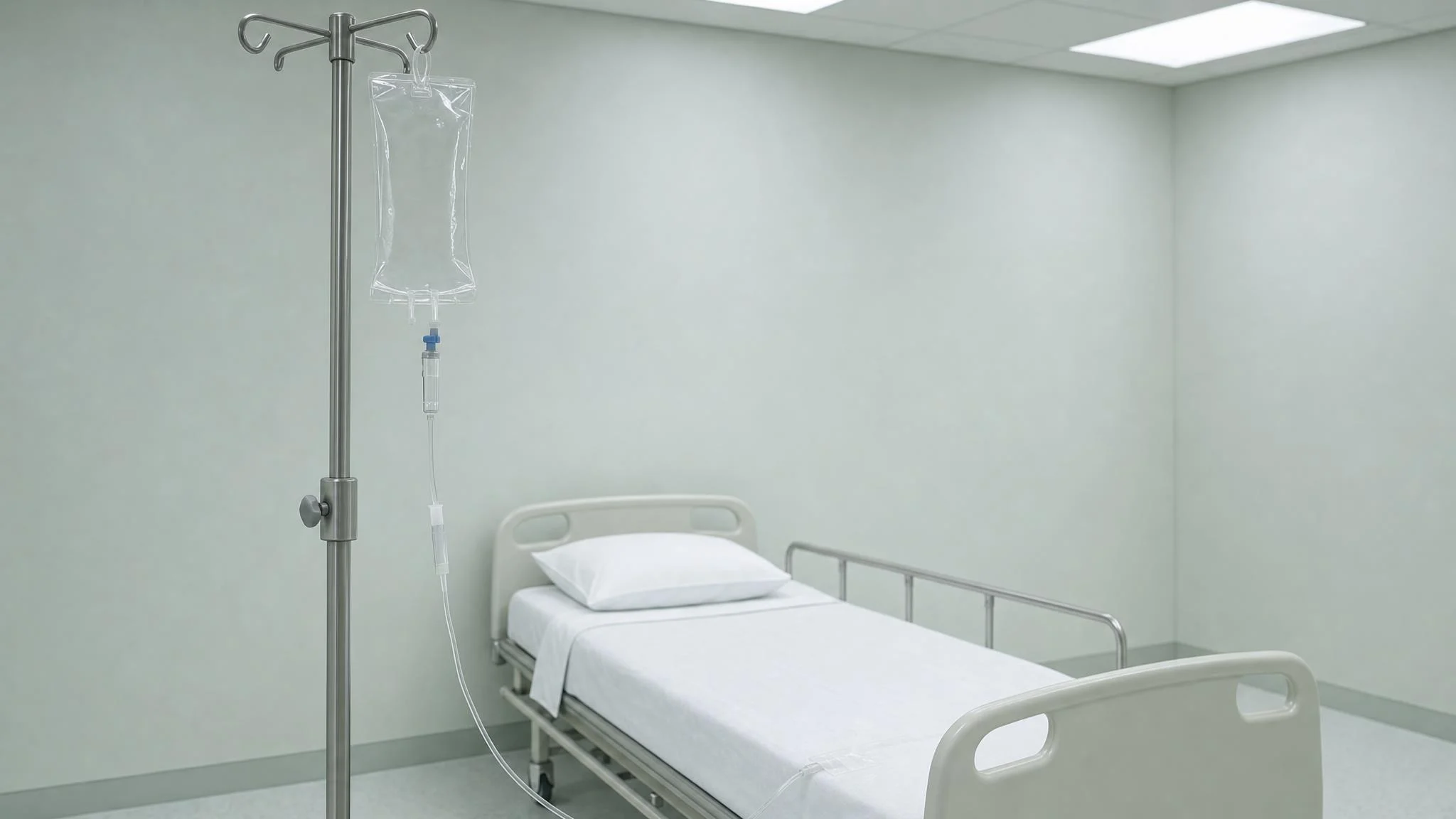 A hospital infusion stand beside an empty made bed, its drip line connected and taped in place but the suspended bag flat, clear and entirely empty.