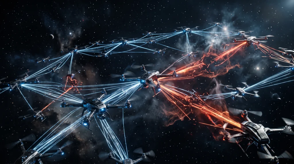 A network of interconnected metallic UAV drones suspended in dark space, their communication pathways visualized as glowing fiber-optic lines that fracture…