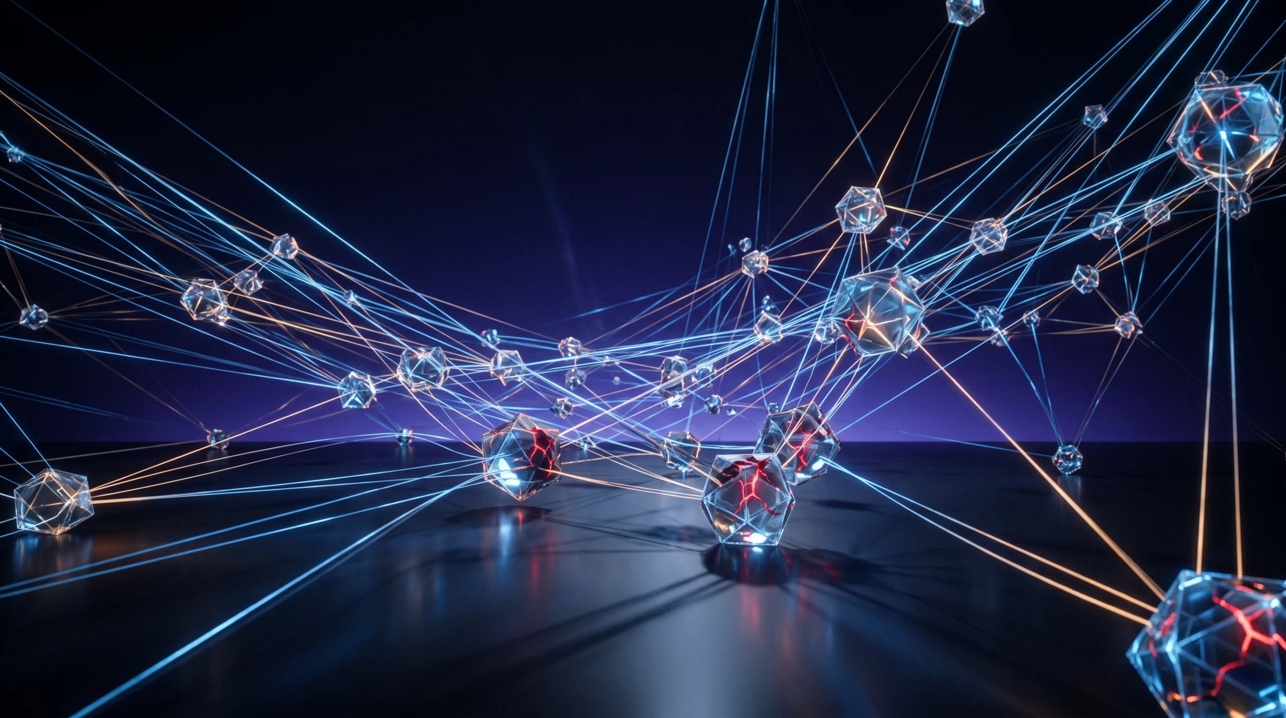 A network of translucent geometric nodes connected by glowing fiber-optic threads spreading across a dark, minimalist space, with some nodes subtly fragmenting or…