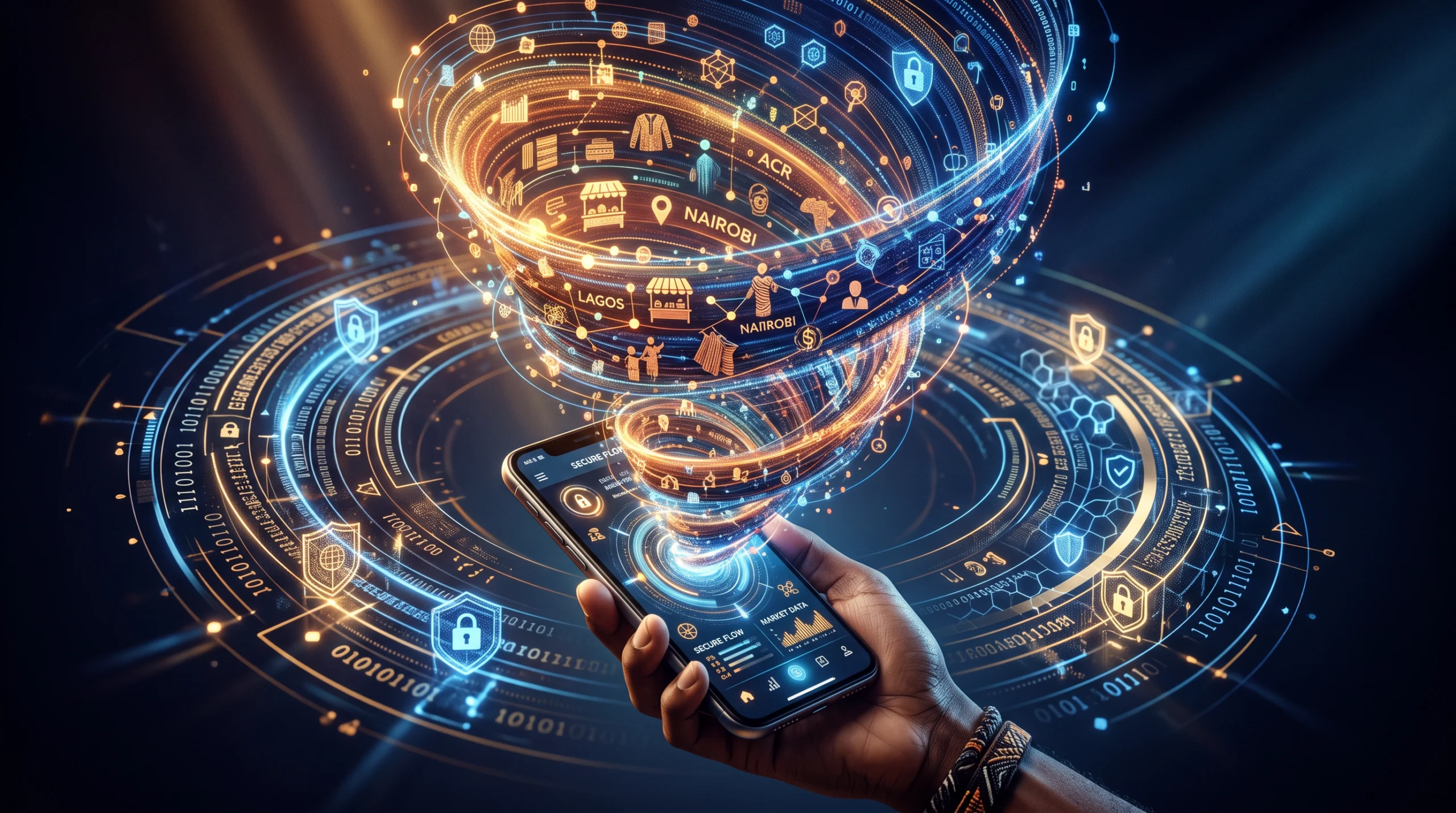 A swirling vortex of interconnected data nodes and light threads spiraling upward from a smartphone held at an angle, with warm amber and deep indigo colors representing…