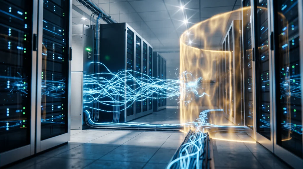 A sleek, minimalist server room rendered in cool blues and silvers, with ethereal digital tendrils of light branching outward from a central processing unit like…