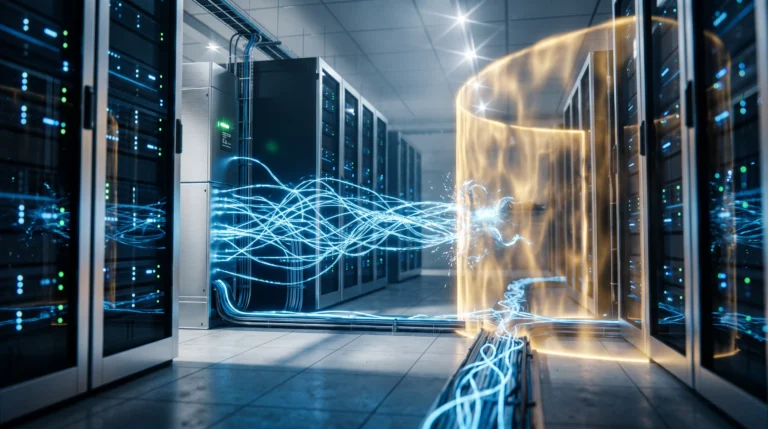 A sleek, minimalist server room rendered in cool blues and silvers, with ethereal digital tendrils of light branching outward from a central processing unit like neural…