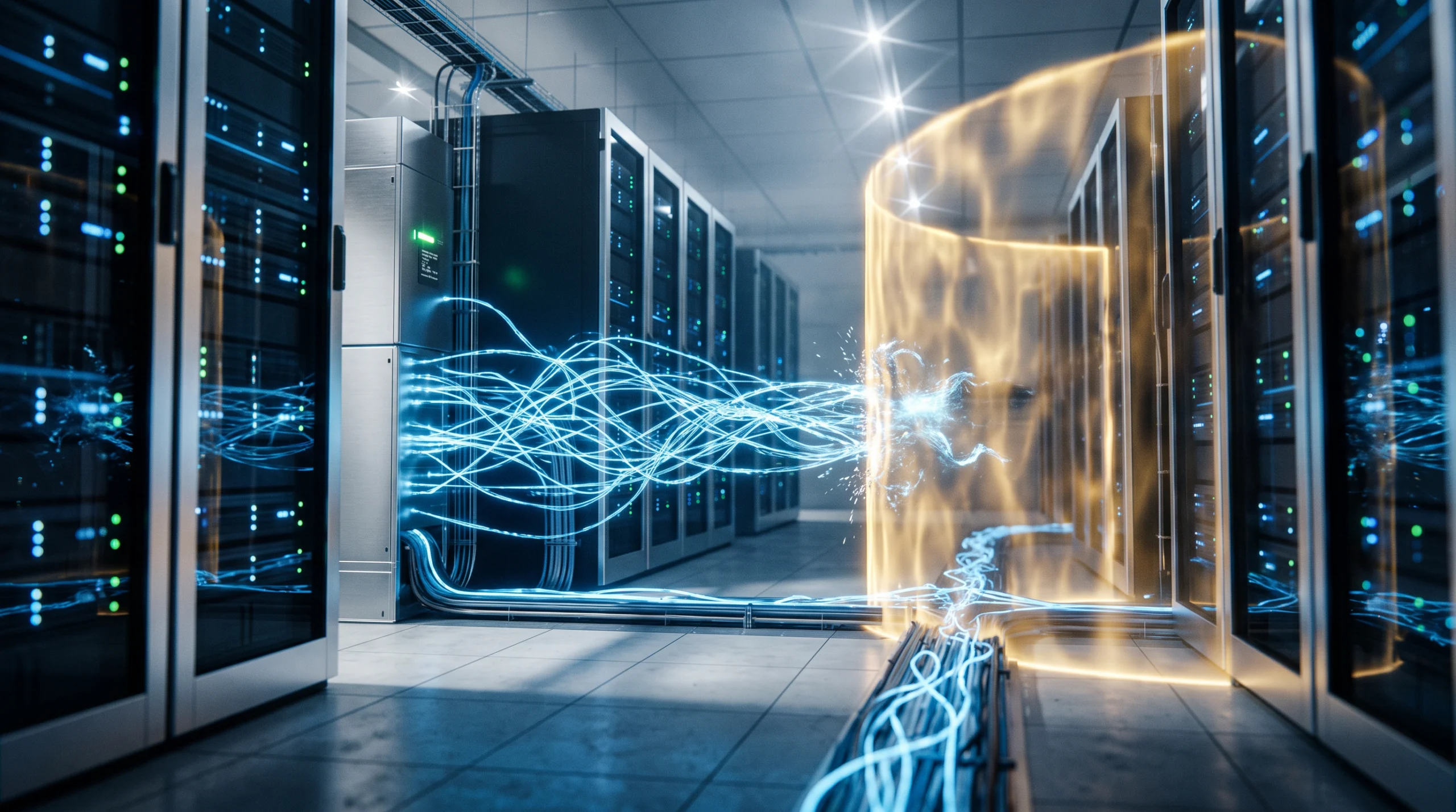 A sleek, minimalist server room rendered in cool blues and silvers, with ethereal digital tendrils of light branching outward from a central processing unit like neural…