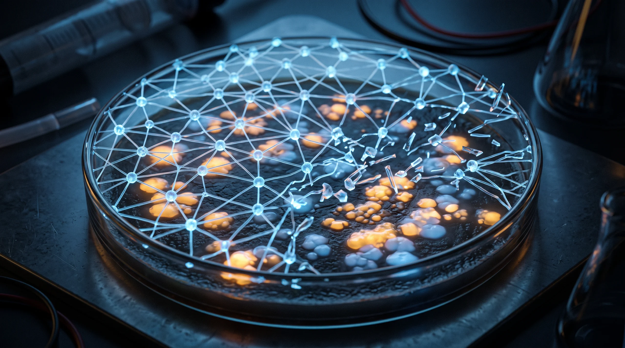 A translucent neural network lattice overlays a laboratory petri dish containing glowing bacterial colonies, with one section fractured and splitting apart; cold blue…