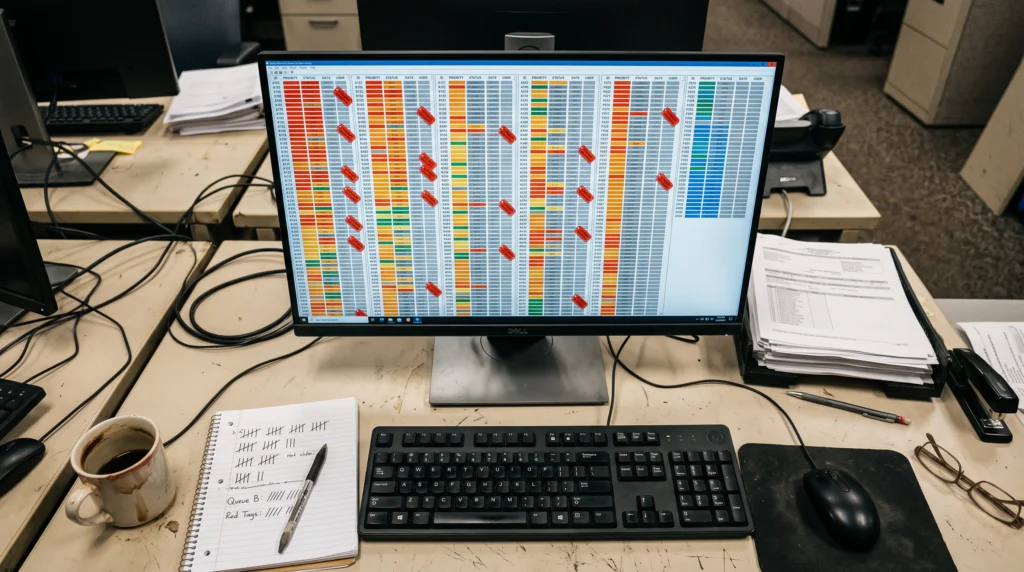 A cluttered analyst's desk shot from directly above: a single monitor glows with dense, unreadable blocks of small colored rectangles arranged like a sorted stack…