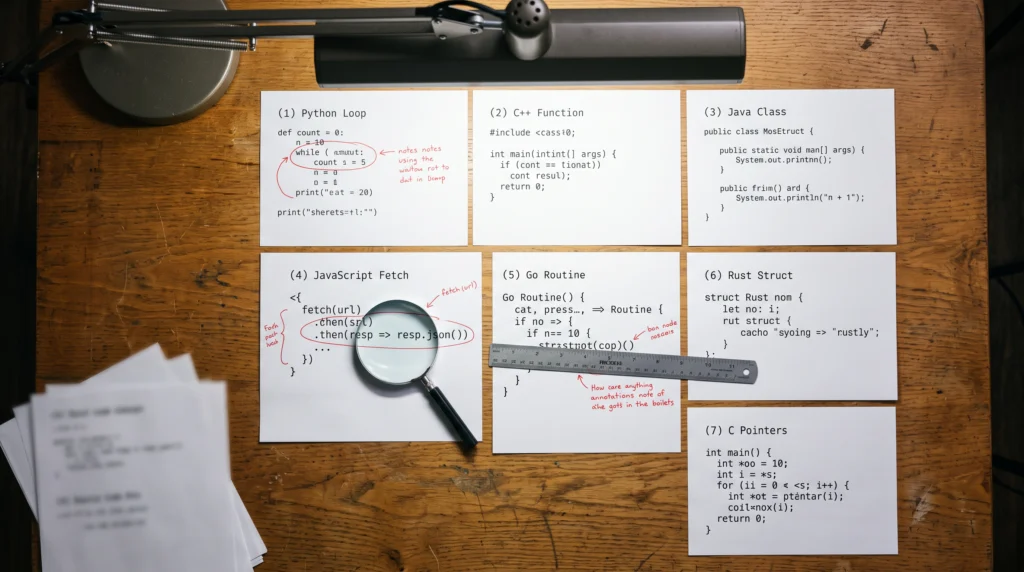 A wide overhead view of a wooden desk holds seven printed code listings in different monospaced fonts, each page annotated with red circles and handwritten…