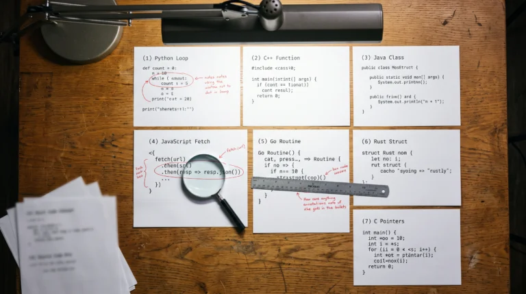 A wide overhead view of a wooden desk holds seven printed code listings in different monospaced fonts, each page annotated with red circles and handwritten arrows…