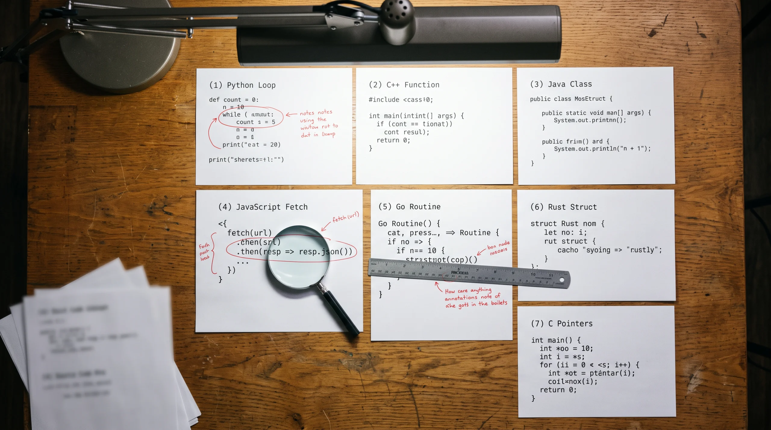 A wide overhead view of a wooden desk holds seven printed code listings in different monospaced fonts, each page annotated with red circles and handwritten arrows…