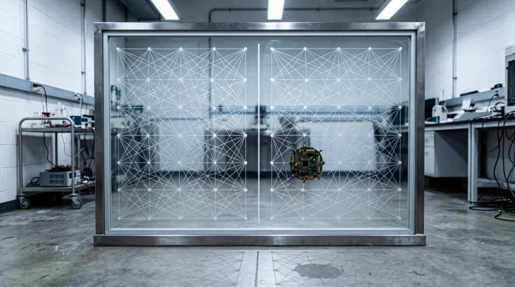 A diagram made physical: a large glass panel etched with a vertical partition, one side showing a clean lattice of interconnected nodes in fine white lines…