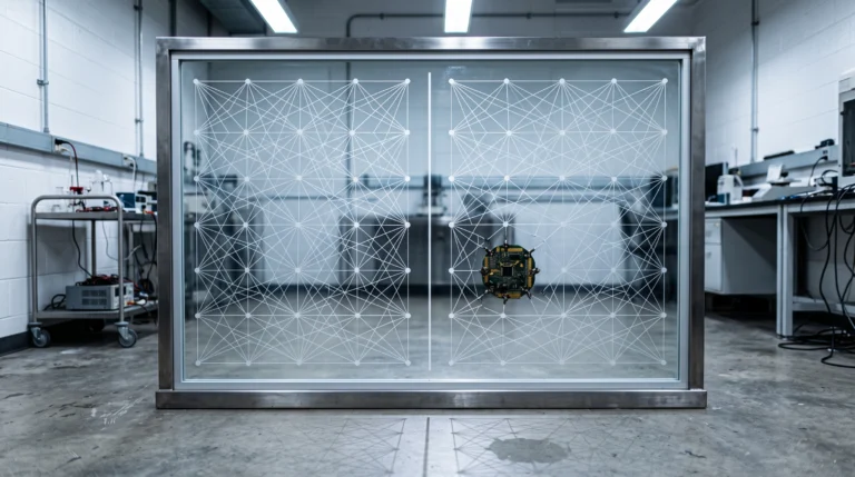 A diagram made physical: a large glass panel etched with a vertical partition, one side showing a clean lattice of interconnected nodes in fine white lines, the other…