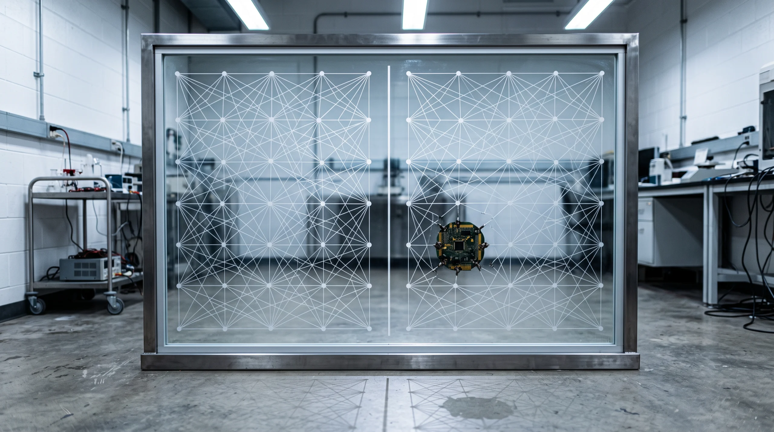 A diagram made physical: a large glass panel etched with a vertical partition, one side showing a clean lattice of interconnected nodes in fine white lines, the other…