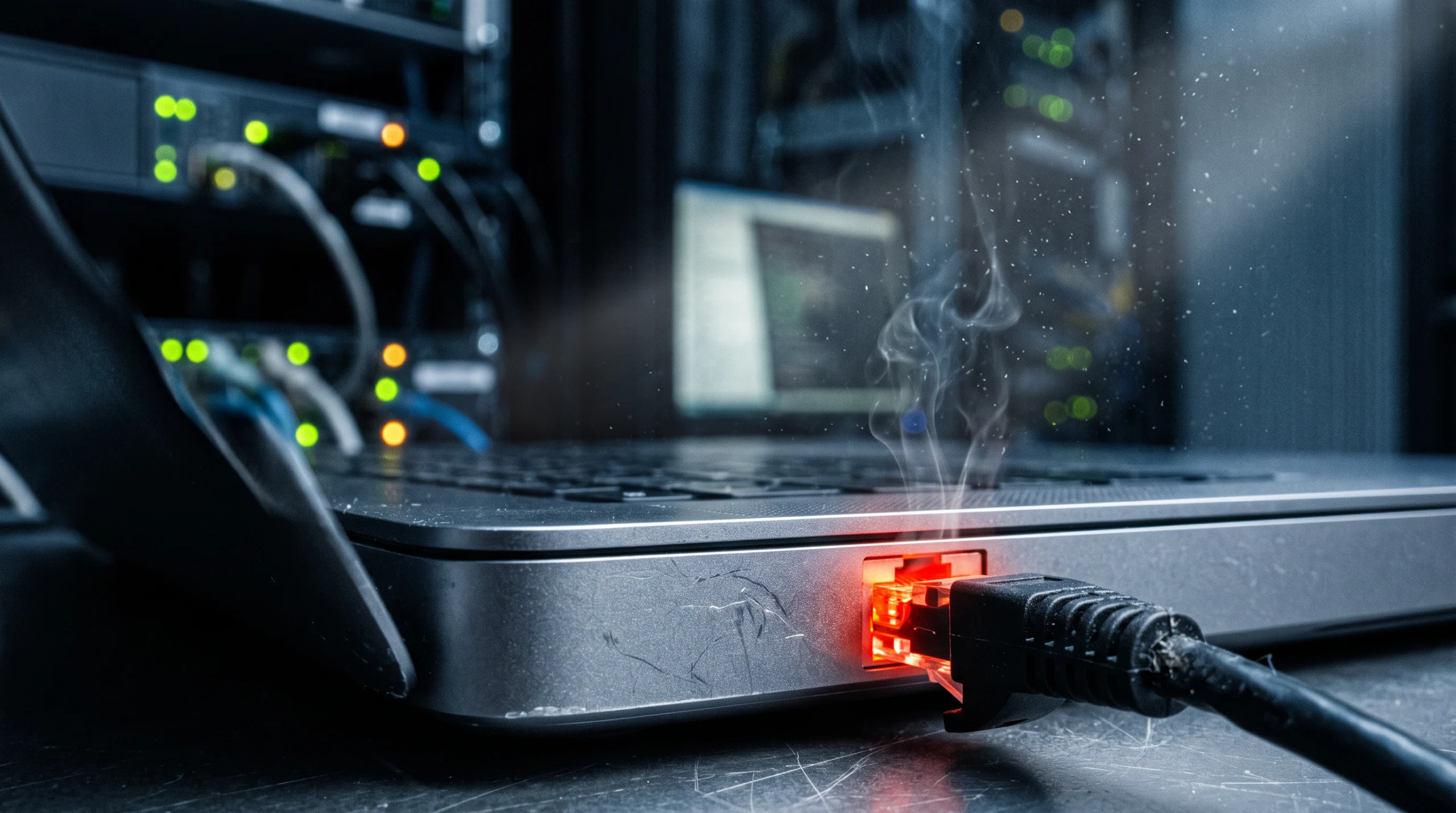 A close macro shot of a MacBook's aluminum casing in a dim server room, screen glowing faintly in the background out of focus, with a single Ethernet cable plugged into…