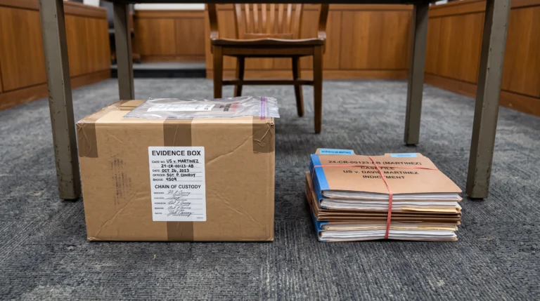 A federal court evidence table, photographed straight-on under flat fluorescent light: a single sealed cardboard evidence box with a chain-of-custody label affixed to…