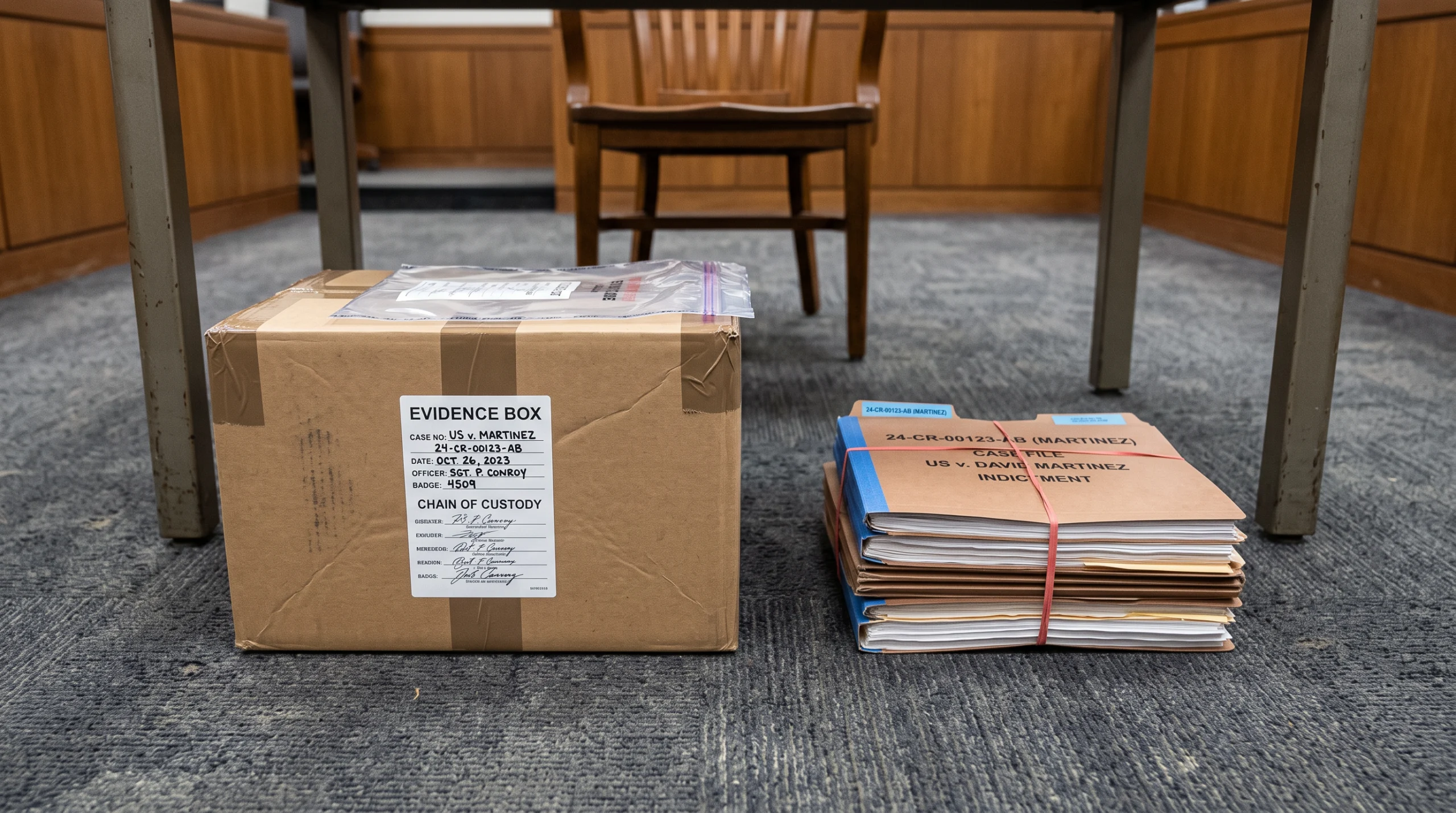 A federal court evidence table, photographed straight-on under flat fluorescent light: a single sealed cardboard evidence box with a chain-of-custody label affixed to…