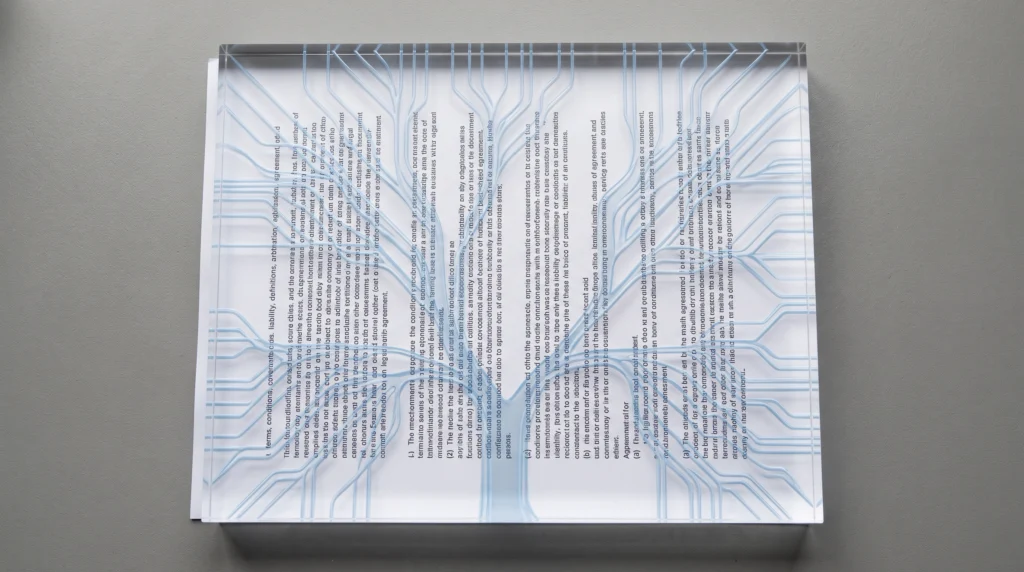 A close-up still life on a plain grey desk: a single sheet of paper printed with dense legal clauses lies beneath a transparent block of structured glass…