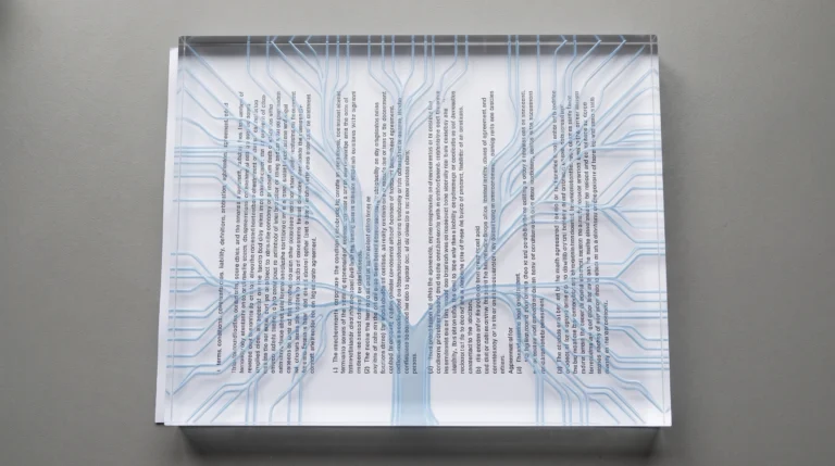 A close-up still life on a plain grey desk: a single sheet of paper printed with dense legal clauses lies beneath a transparent block of structured glass or acrylic…