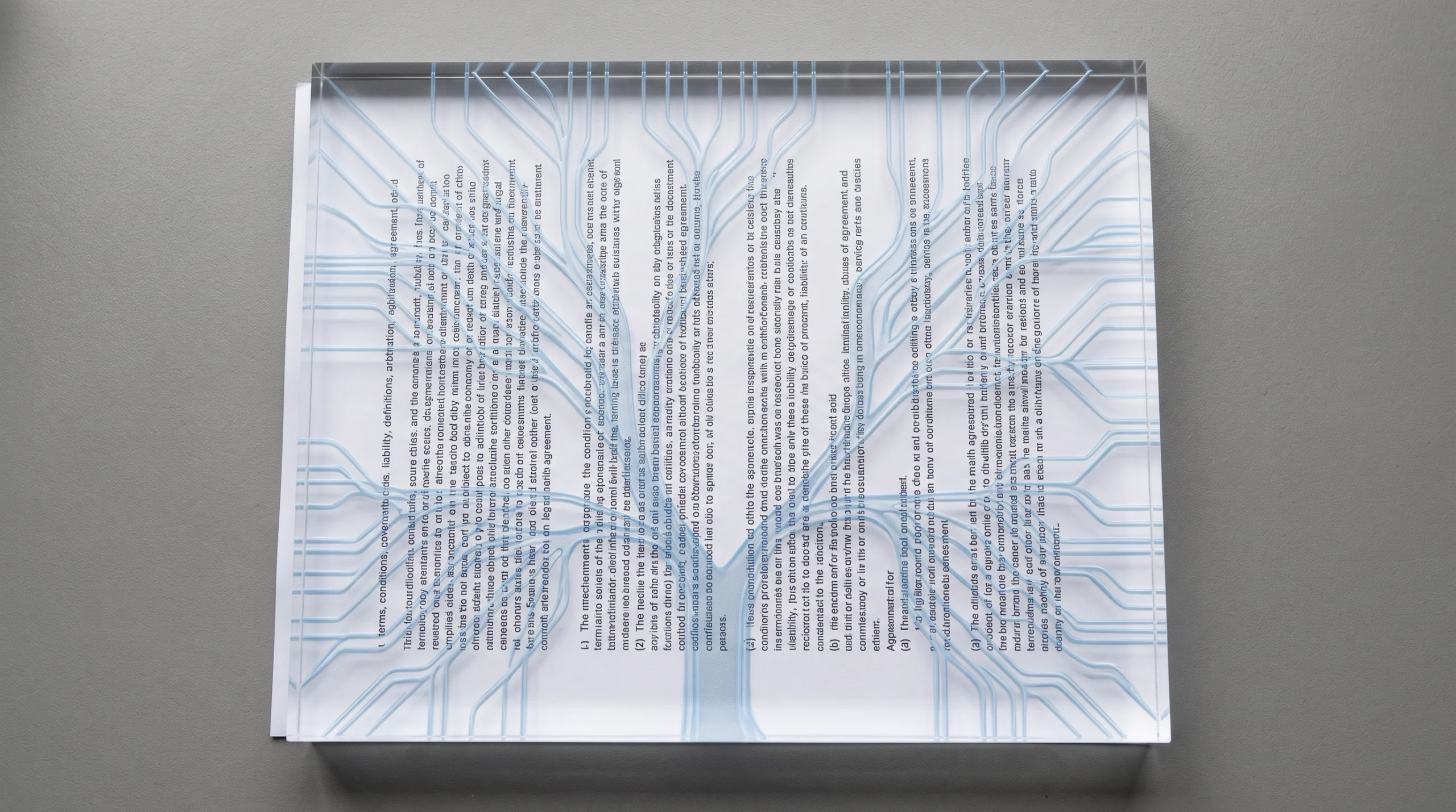 A close-up still life on a plain grey desk: a single sheet of paper printed with dense legal clauses lies beneath a transparent block of structured glass or acrylic…
