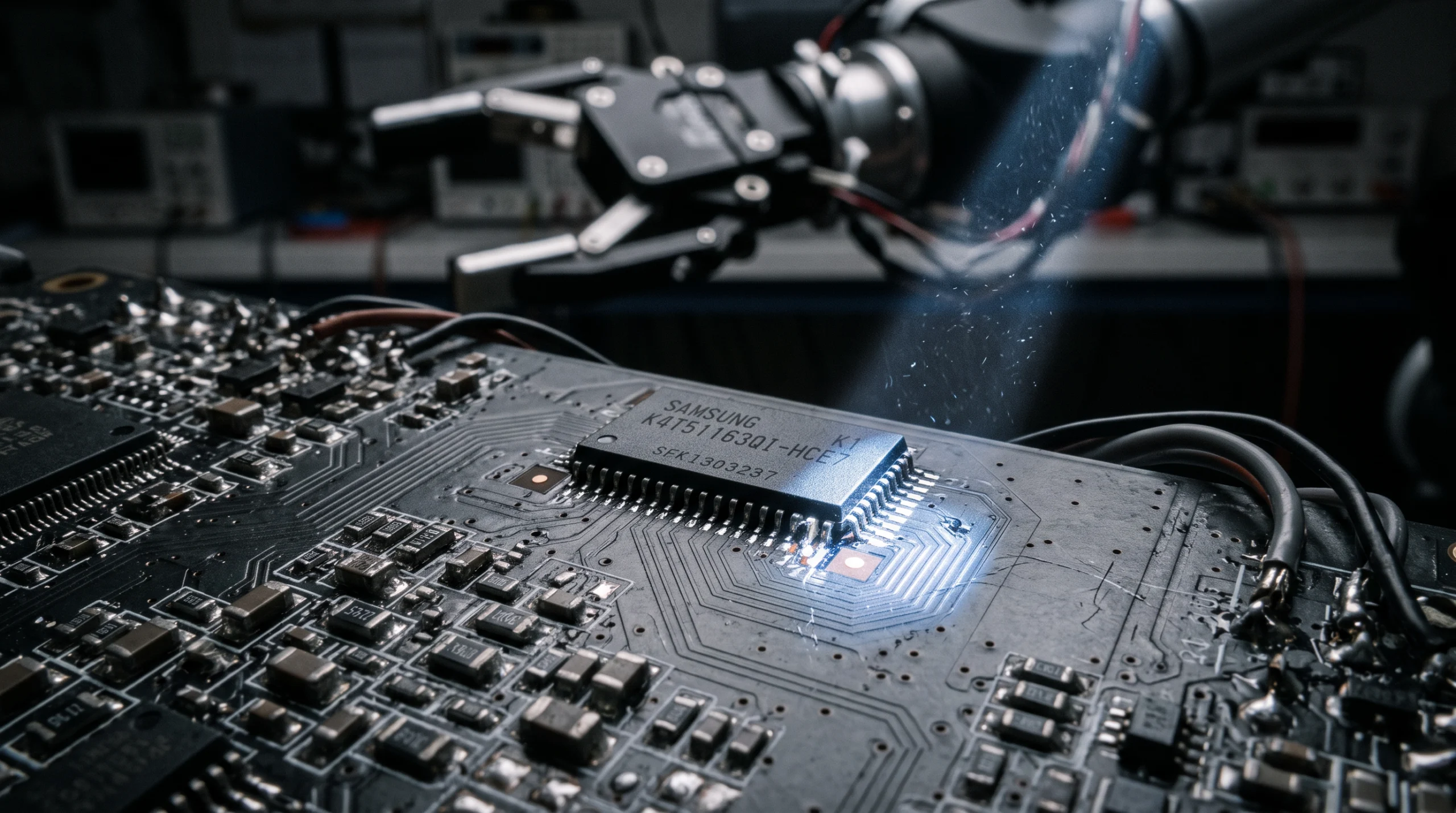 A macro photograph of a robotic arm's control circuit board, close enough to see individual solder joints and a single memory chip mid-frame with one pin highlighted by…
