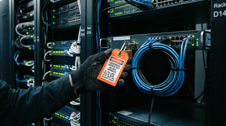 A darkened server room shot at close range, focused on a single rack where a technician's gloved hand is fastening a bright orange physical lockout tag to a network…