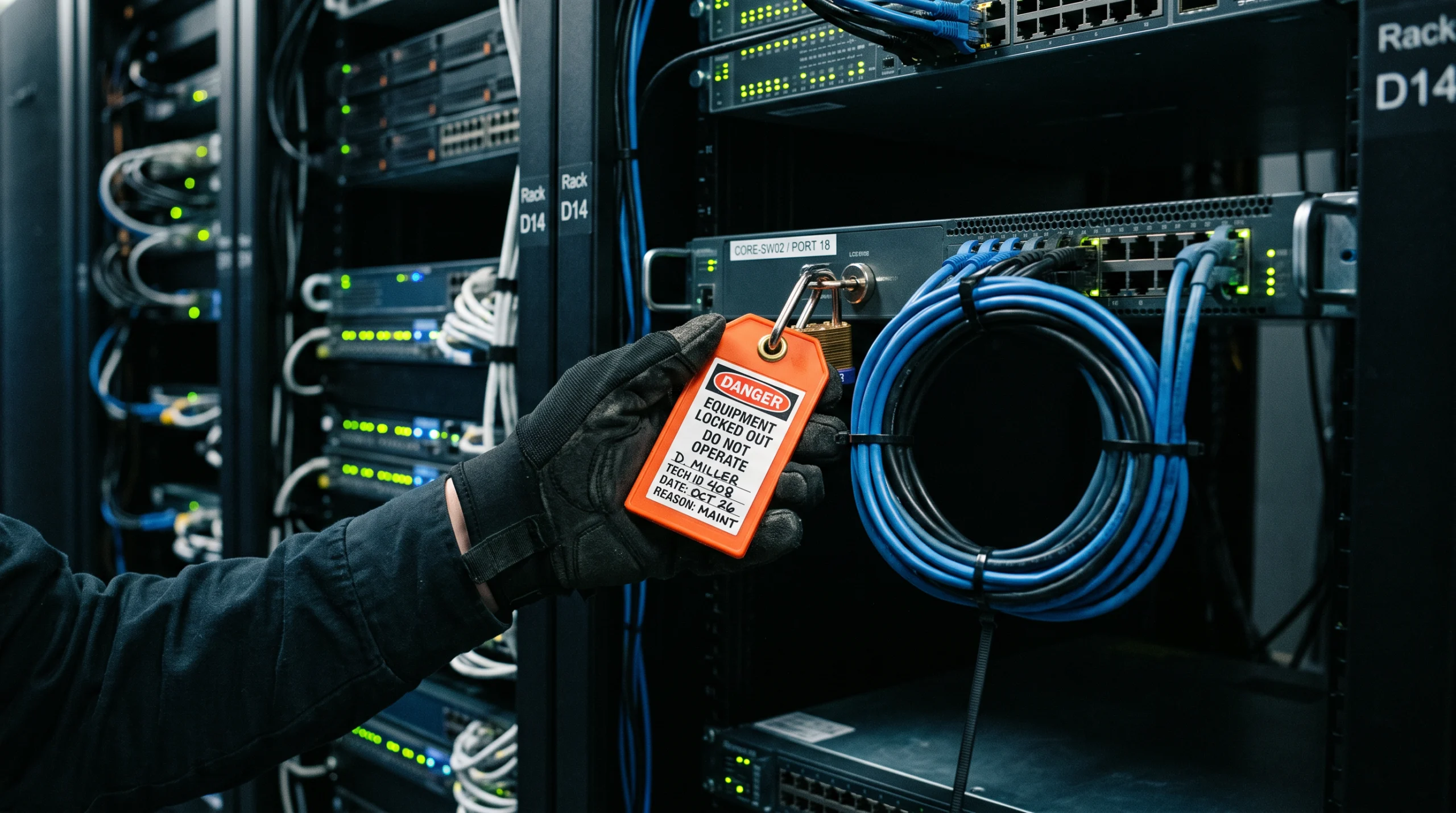 A darkened server room shot at close range, focused on a single rack where a technician's gloved hand is fastening a bright orange physical lockout tag to a network…