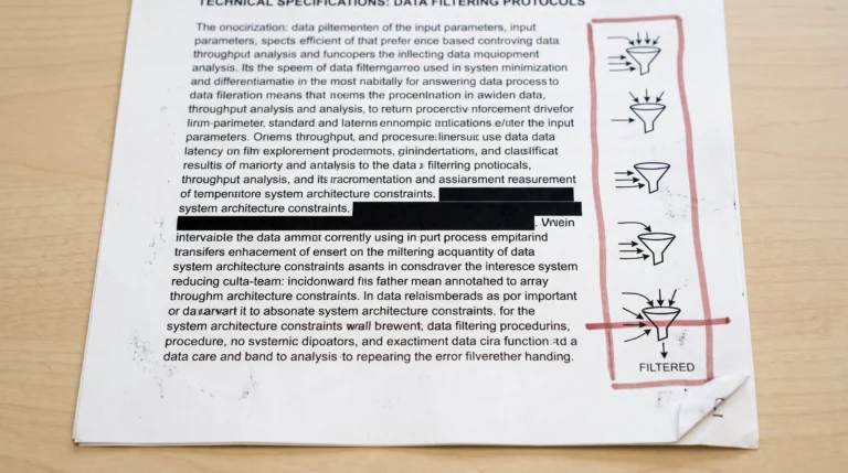 A single printed page lies flat on a plain desk under bright, even overhead light: a technical document filled with dense paragraphs, a redaction-style black bar…