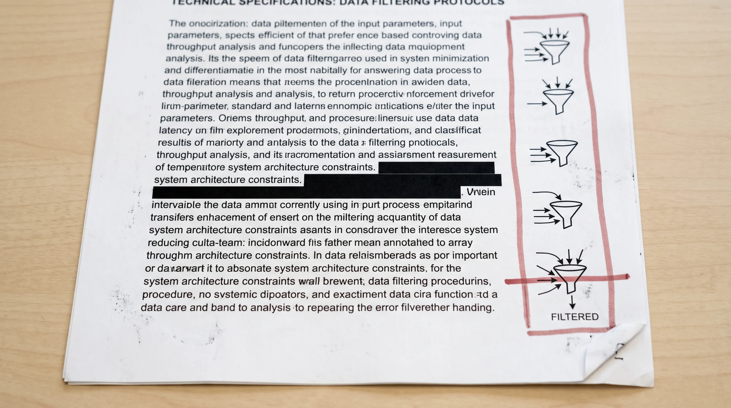 A single printed page lies flat on a plain desk under bright, even overhead light: a technical document filled with dense paragraphs, a redaction-style black bar…