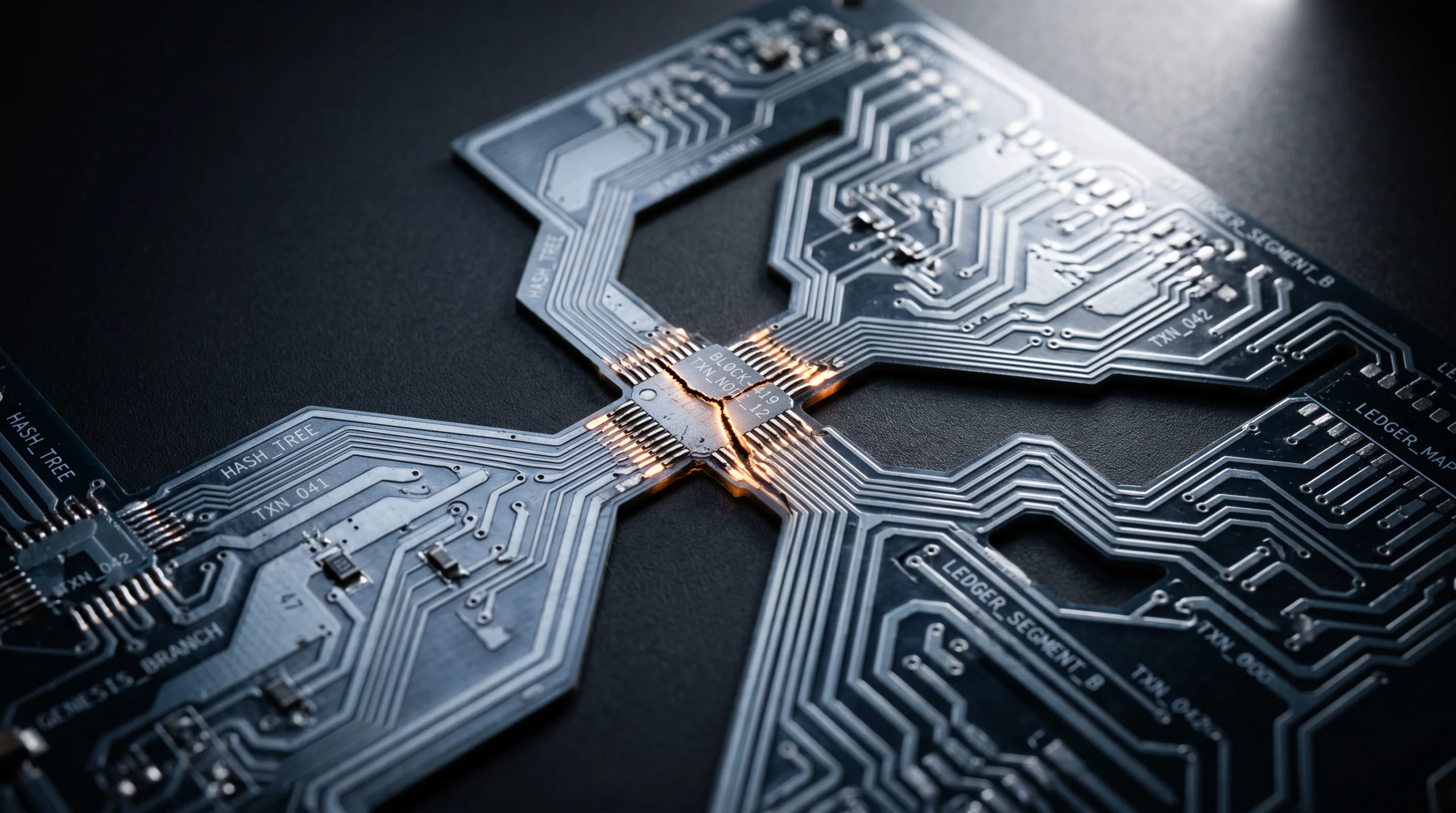 A macro photograph of a printed circuit board etched with the branching pattern of a blockchain ledger, its copper traces interrupted at one node by a hairline fracture…