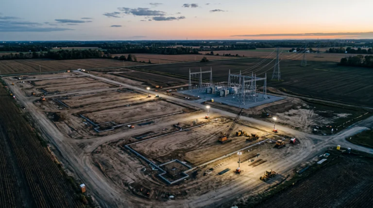An aerial photograph at dusk of a vast cleared construction site in rural Ohio, raw earth graded into rectangular pads where a data center campus is beginning to rise,…