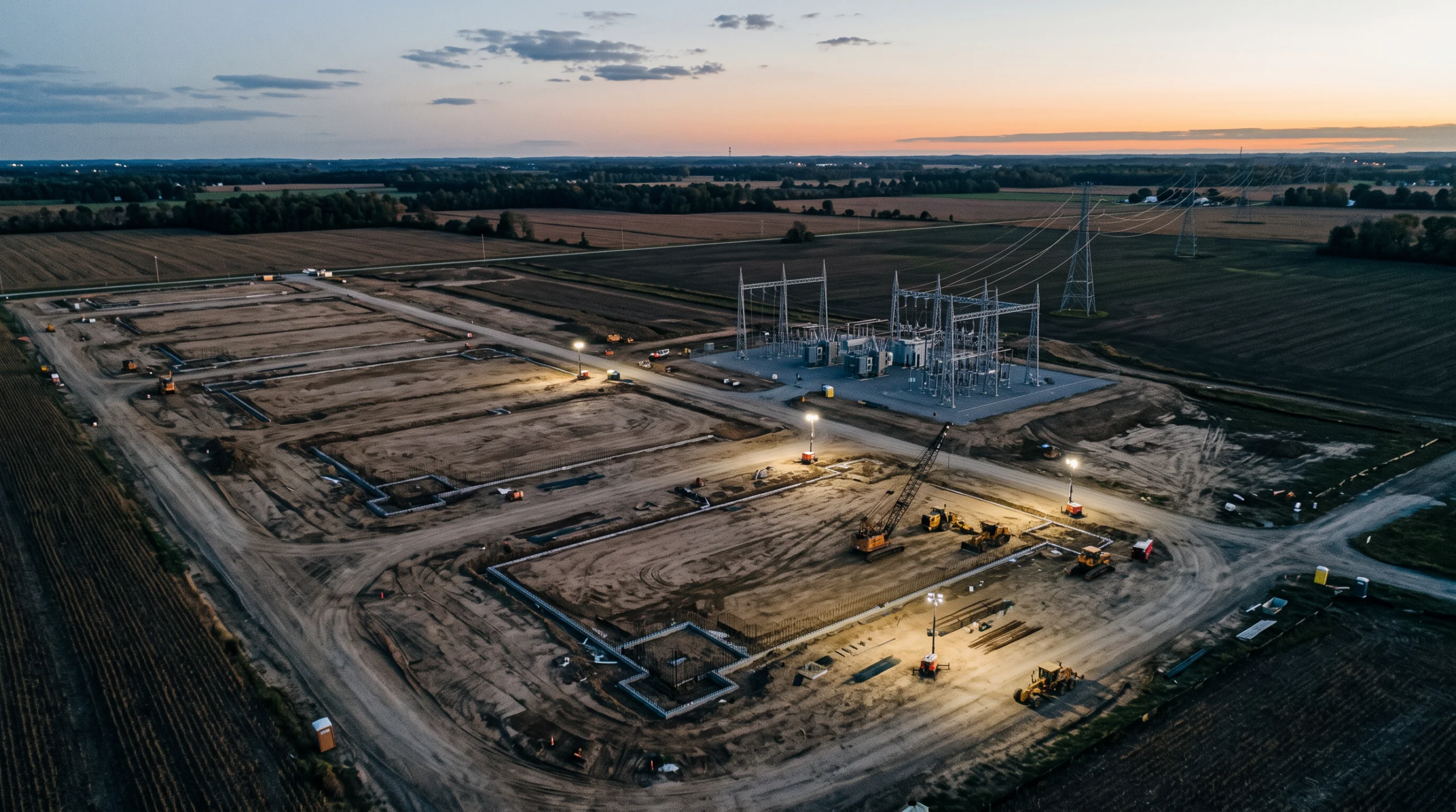 An aerial photograph at dusk of a vast cleared construction site in rural Ohio, raw earth graded into rectangular pads where a data center campus is beginning to rise,…