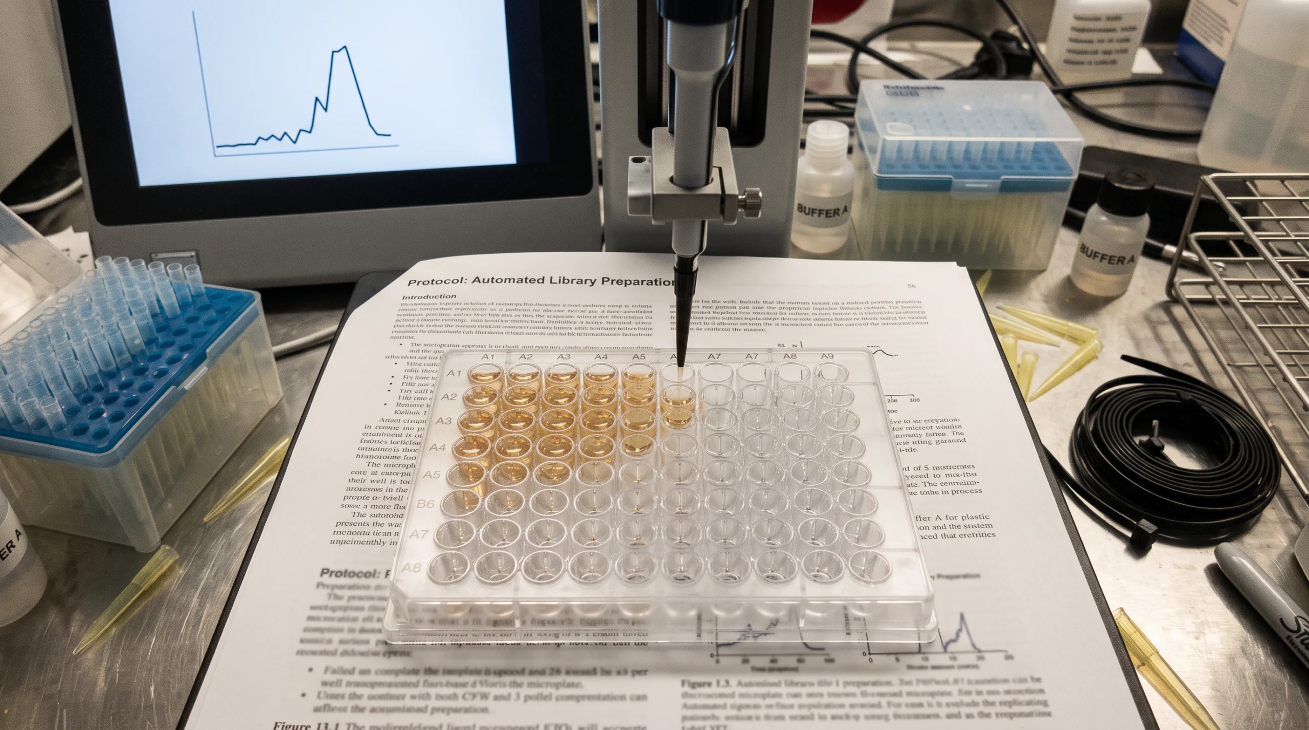 A cluttered wet-lab bench shot from directly above: a printed scientific paper lies open under a small robotic pipetting arm mid-motion, its nozzle poised over a row of…