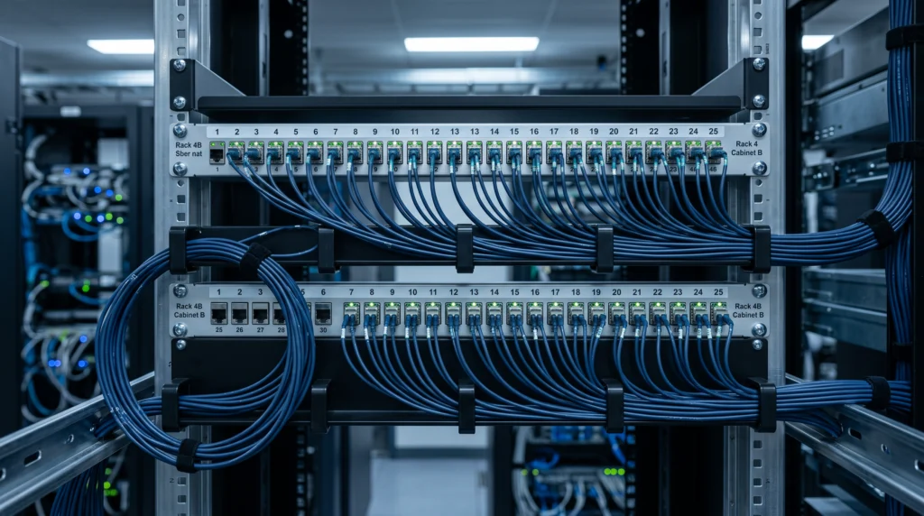 A close-up architectural photograph of a physical server rack patch panel in a corporate data center, where dozens of identical labeled cable channels—each holding…