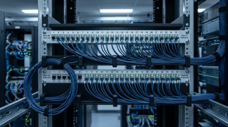 A close-up architectural photograph of a physical server rack patch panel in a corporate data center, where dozens of identical labeled cable channels—each holding a…