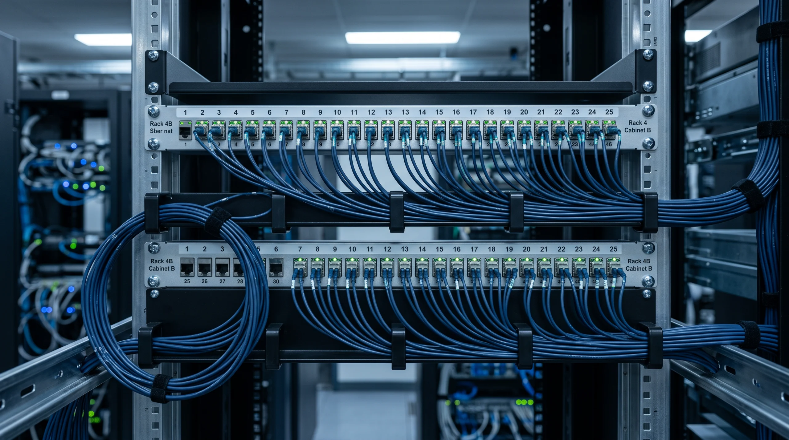 A close-up architectural photograph of a physical server rack patch panel in a corporate data center, where dozens of identical labeled cable channels—each holding a…