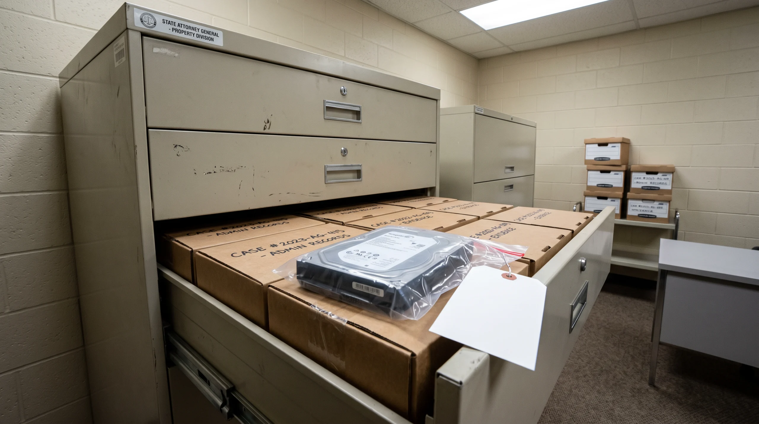 A sealed steel evidence cabinet in a state attorney general's records office, one drawer pulled open under fluorescent light to reveal rows of labeled banker's boxes and…