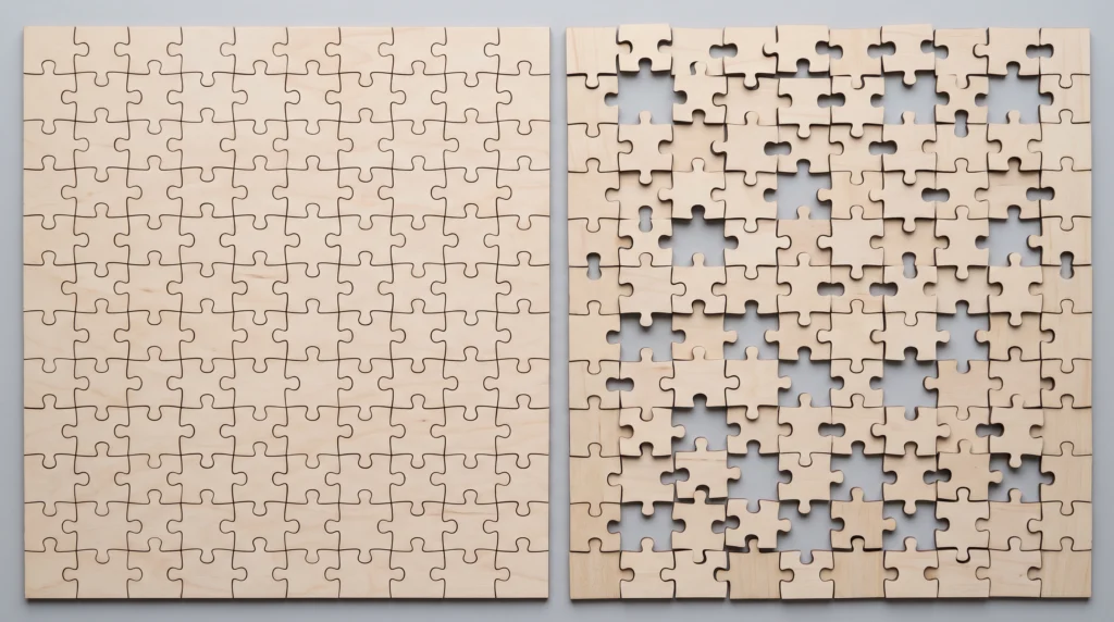 A wooden puzzle table photographed from directly above in flat, even daylight: dozens of identical wooden jigsaw pieces arranged in a completed grid on the left…