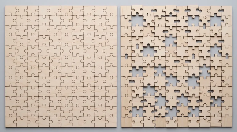 A wooden puzzle table photographed from directly above in flat, even daylight: dozens of identical wooden jigsaw pieces arranged in a completed grid on the left half,…