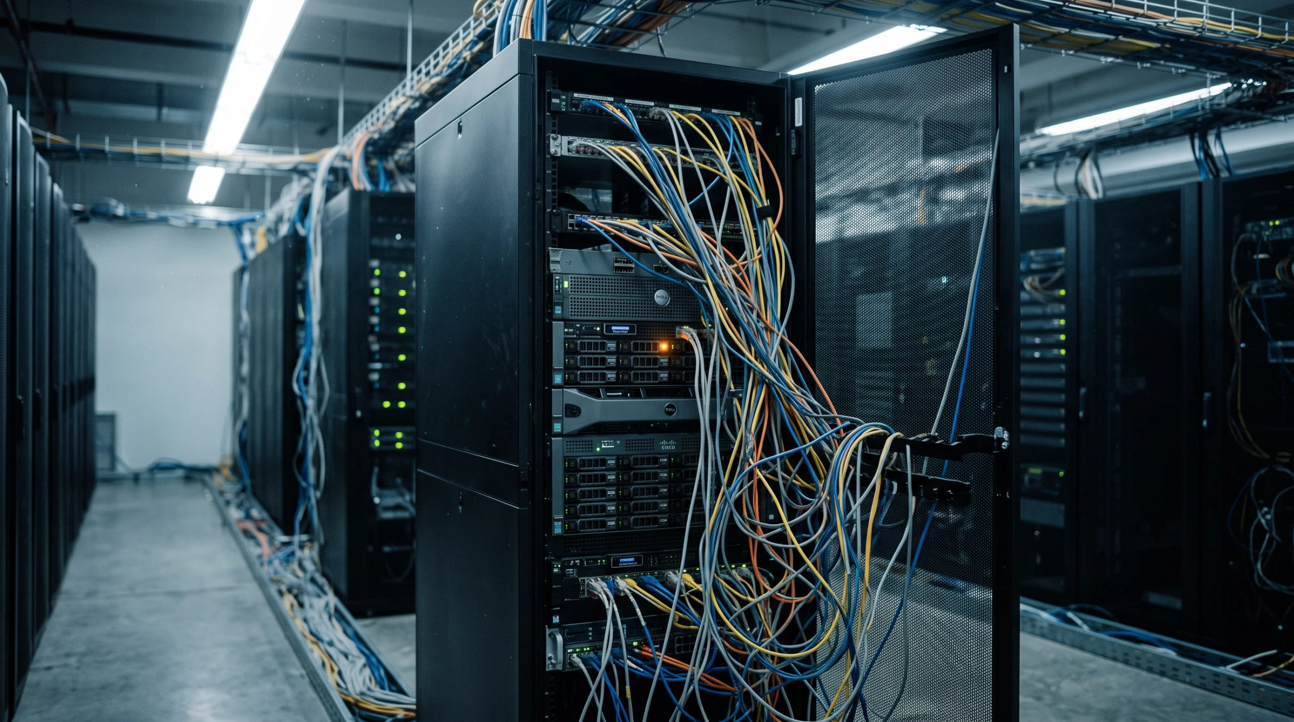 A single rack-mounted server cabinet photographed in a dim data center aisle, its front panel open, dense bundles of cables spilling out like something has forced its…