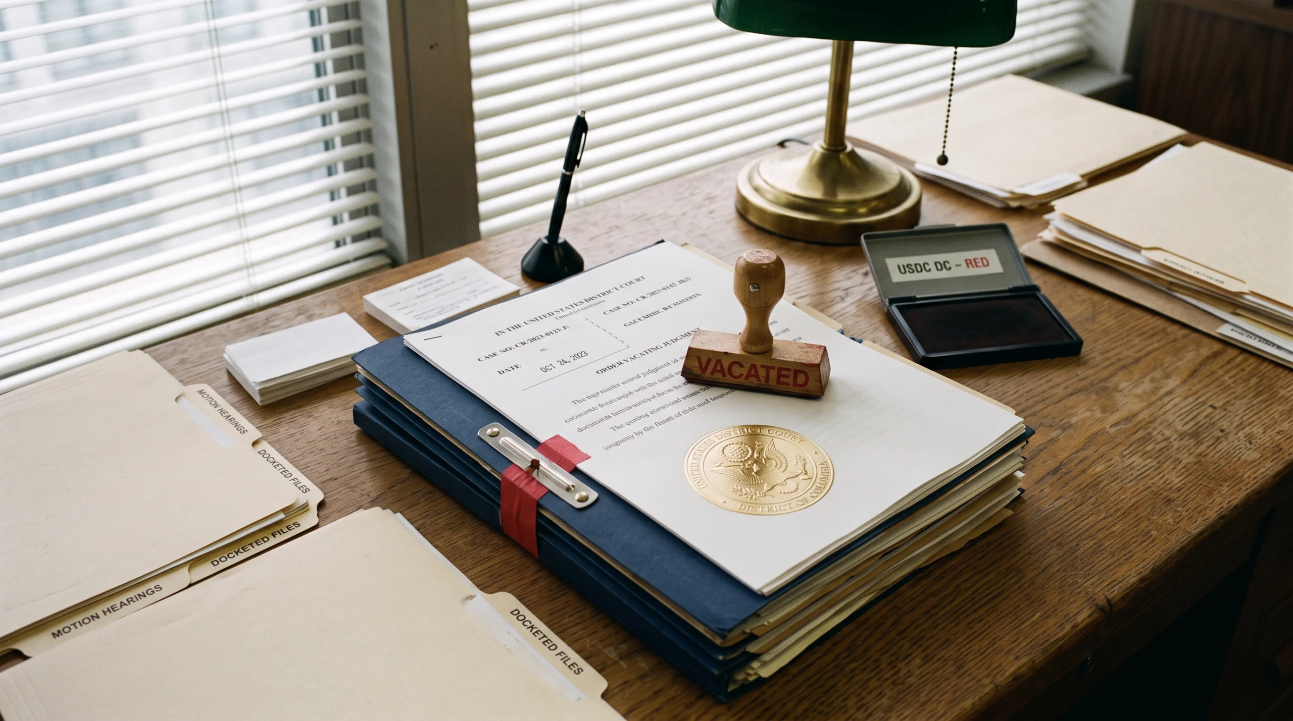 A federal courtroom document stamp station: a wooden clerk's desk with a single red "VACATED" ink stamp resting atop a thick stack of case files bound in a blue legal…
