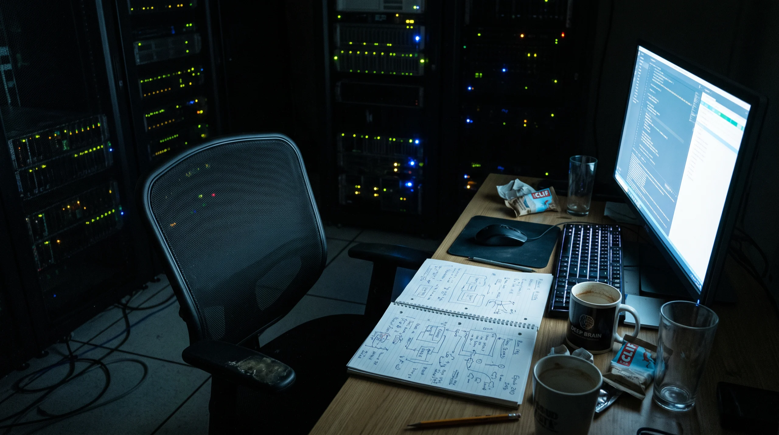 A dim server room at night, one workstation monitor glowing pale blue as its sole light source, screen angled away from camera so only reflected light spills across a…
